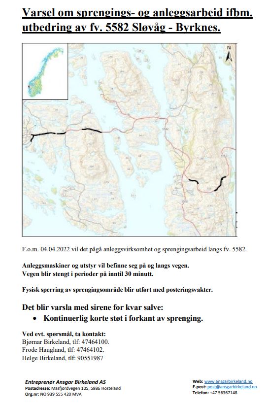 Varsel om sprengings- og anleggsarbeid Fv. 5582 Sløvåg-Byrknes